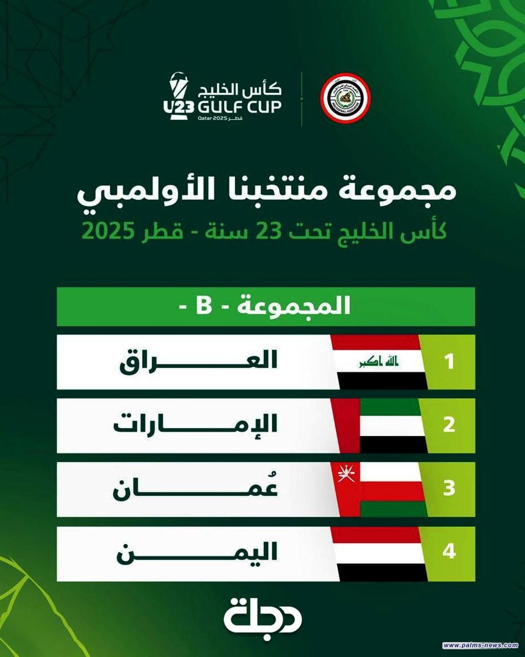 الأولمبي العراقي  في المجموعة الثانية إلى جانب الإمارات وعمان واليمن في بطولة الخليج تحت 23 عاماً.